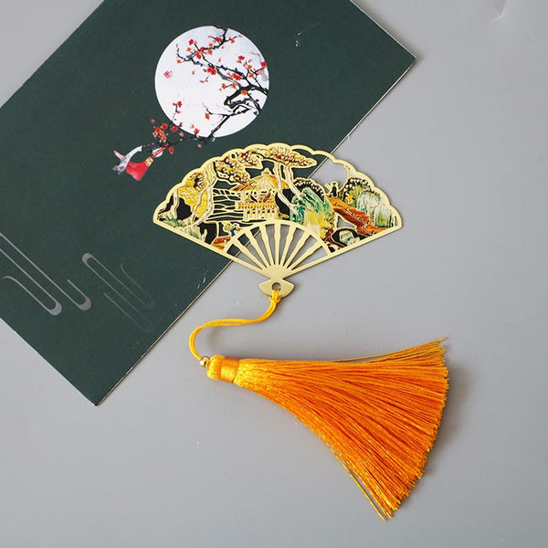 Brass Hollow Fan Bookmark - Pagoda landscape cutout with orange-yellow tassel, scenic