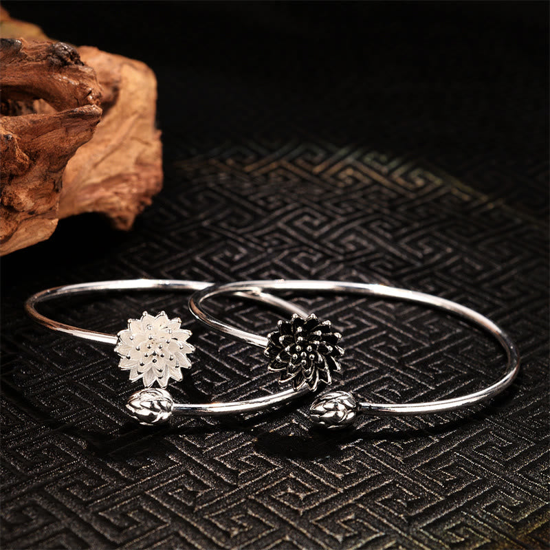 White Copper Lotus Enlightenment Bangle - two finish variants on dark fabric, refined