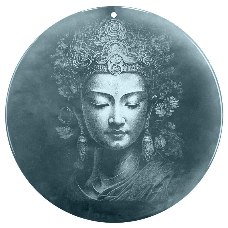 Kwan Yin Jade String Necklace – model wearing jade pendant on black cord with mandarin collar, lifestyle shot showing natural drape at chest, mindfulness jewelry
