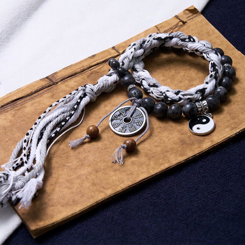 Mountain Ghost Yin Yang Bracelet - two cord bracelets with coin amulet on antique book, lucky bracelet