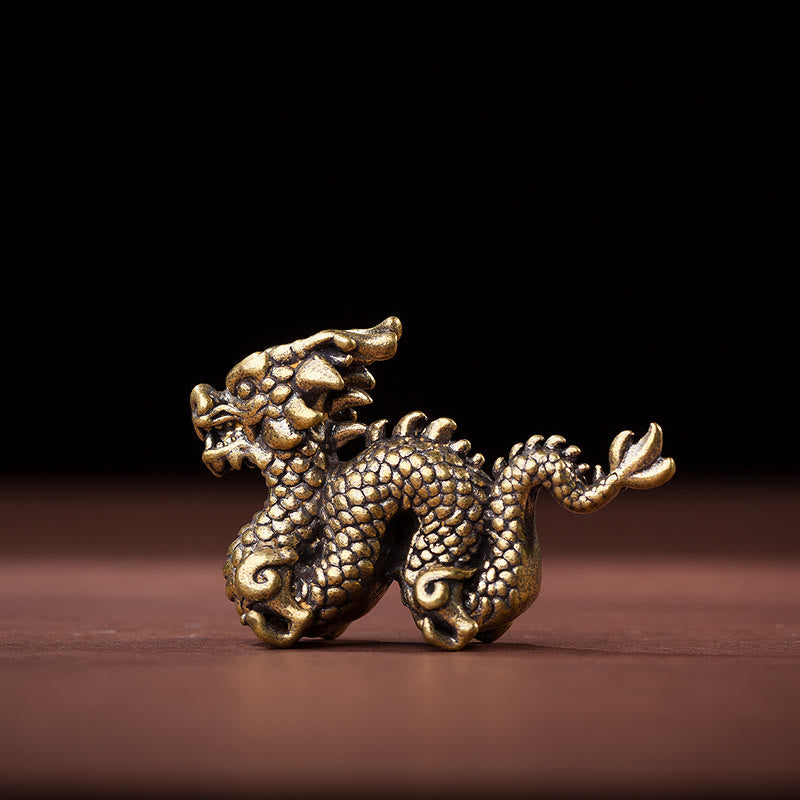 Auspicious Brass Dragon Decoration - Coiled brass dragon with cloud motifs on dark wood, success decor
