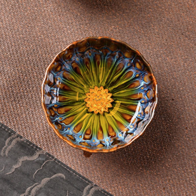 Lotus Peacock Dragon Phoenix Koi Fish Ceramic Teacup – bottom view with maker mark, artisan ceramic stamp
