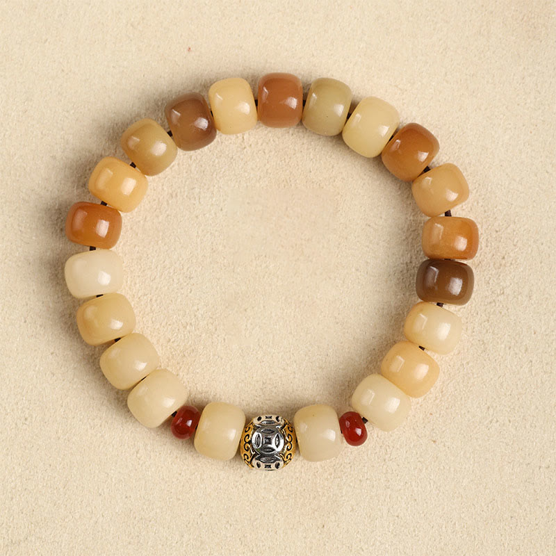 Natural Bodhi Seed Om Mani Padme Hum Wisdom Bracelet - Honey caramel tones, flat lay view