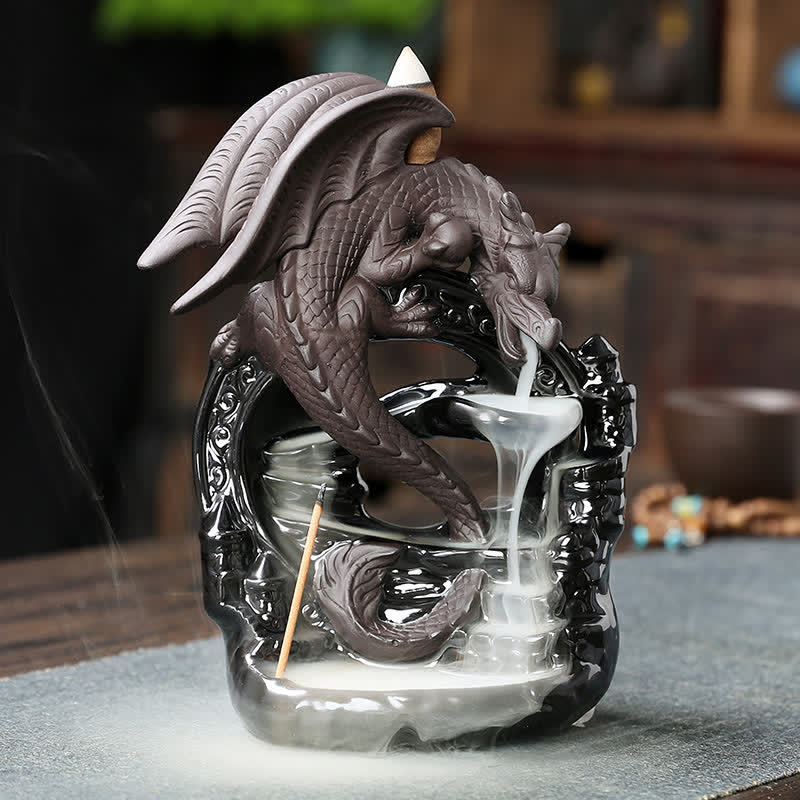 Ceramic Dragon Incense Burner – coiled dragon with cascading smoke on glossy black base, dual-use