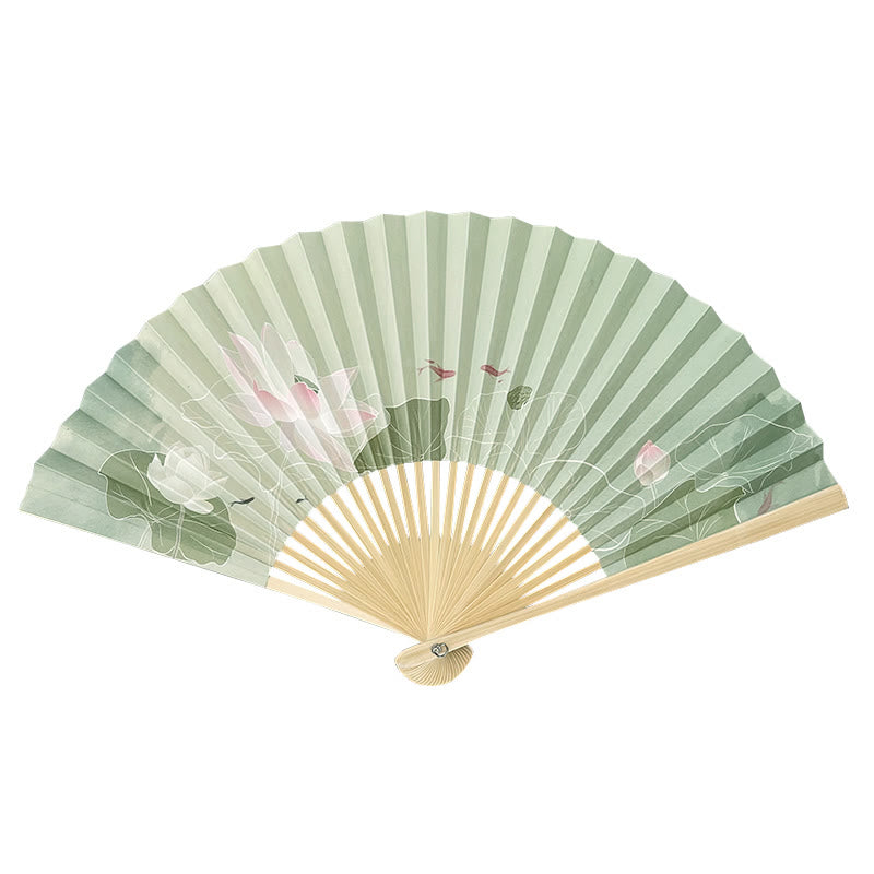 Lotus Koi Fish Folding Fan - open on white backdrop showcasing lotus koi design, pure