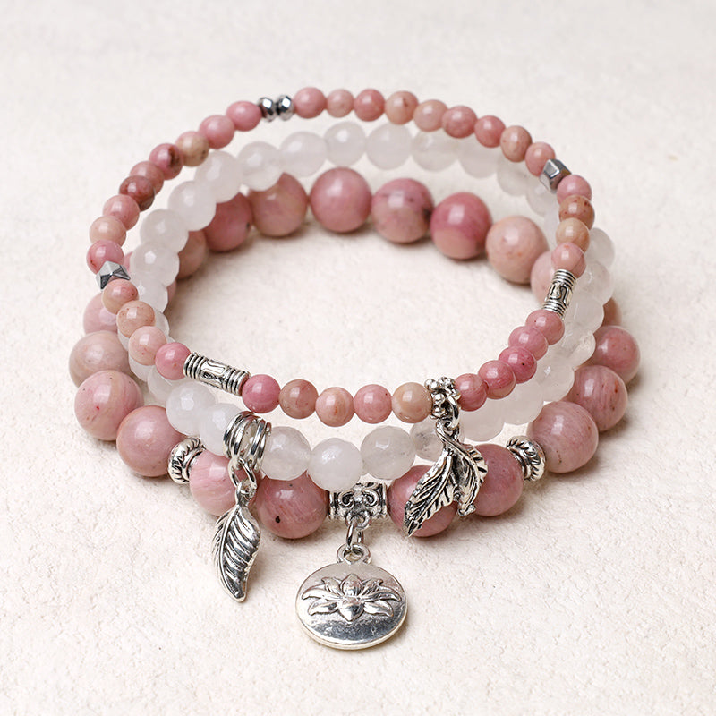 Natural Crystal Bracelet – dusty rose rhodonite and milky white bead layers with silver lotus pendant, boho bracelet