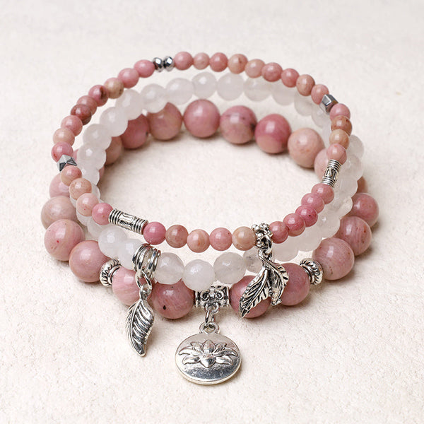 Natural Crystal Bracelet – dusty rose rhodonite and milky white bead layers with silver lotus pendant, boho bracelet