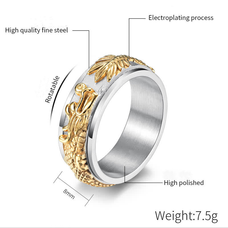 Dragon Titanium Steel Ring – Silver dragon spinner on dark stone, bold