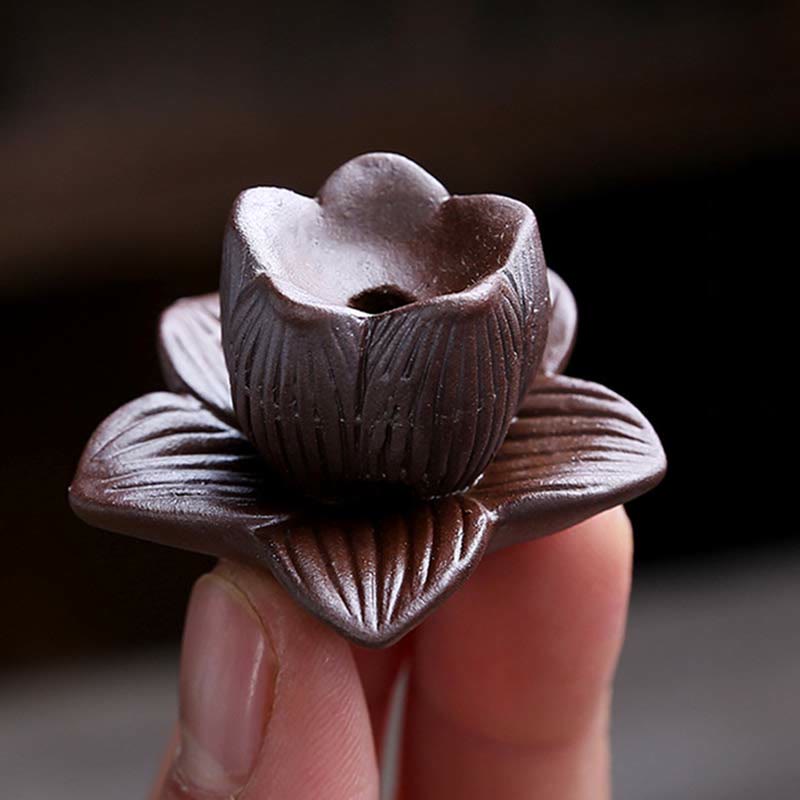 Lotus Ceramic Backflow Incense Burner - dark brown lotus cone holder held in hand, artisan handcrafted