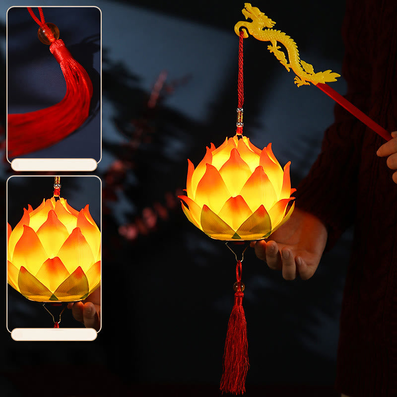 DIY Lotus Dragon Lantern Tassel Lamp – Orange lotus lantern with dragon handle in three-angle composite, Glowing form