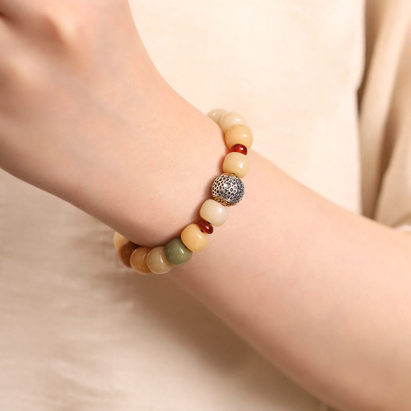 Natural Bodhi Seed Om Mani Padme Hum Wisdom Bracelet - On wrist, silver focal, boho style