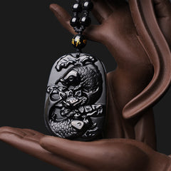 Black Obsidian Koi Fish Lotus Beaded Necklace – laid flat display showing full strand length, beaded design