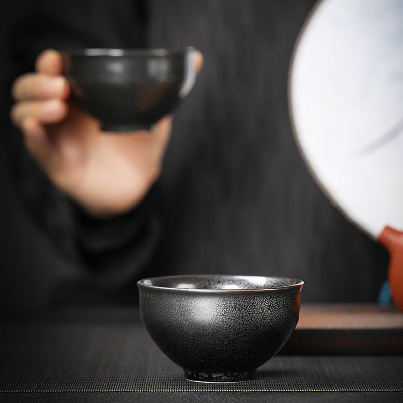 Gold Leaf Jianzhan Teacup – Back view of jianzhan with gold dragon motif, Chinese tea bowl