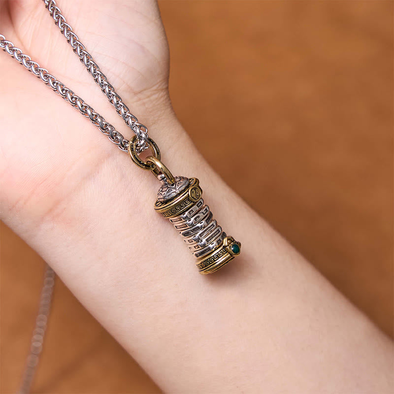 Yin Yang Tower Copper Balance Rotatable Necklace Pendant – Pendant draped on wrist, wearable scale reference, braided chain