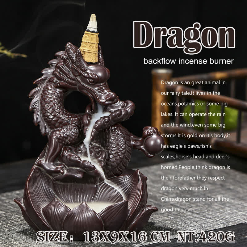 Dragon Lotus Ceramic Incense Burner – Dragon head detail with product info overlay, Smoke waterfall