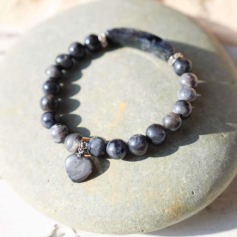 Natural Multi-Stone Love Heart Healing Bracelet - Black glitter stone variant with dark charcoal gray beads, silver-blue schiller flash, and matching heart charm