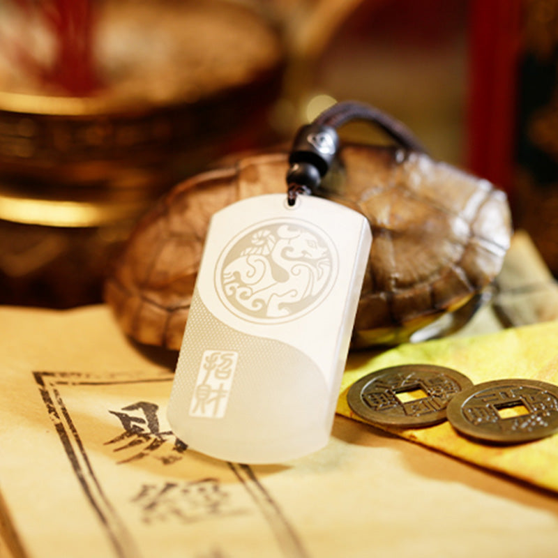 White Jade PiXiu Pendant – White jade pendant with PiXiu and yin-yang on tortoise shell and ancient coins