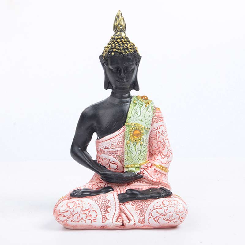 Tibetan Buddha Resin FengShui Decoration – front view of meditating Buddha statue with gold crown and patterned robe, studio white background, serenity decor