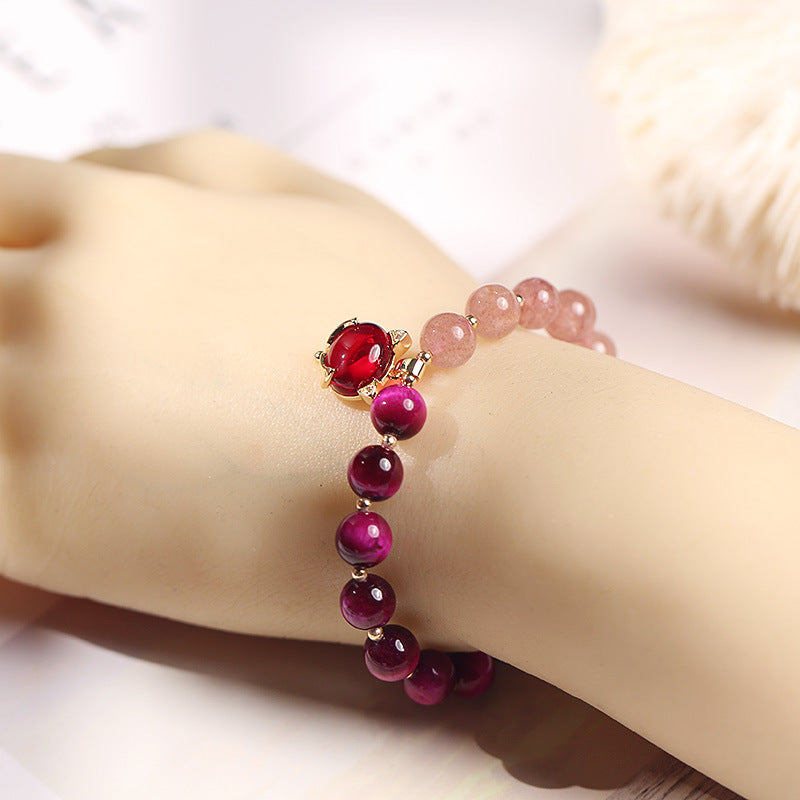 Natural Strawberry Quartz Love Bracelet – mannequin wrist red fox charm detail healing accessory