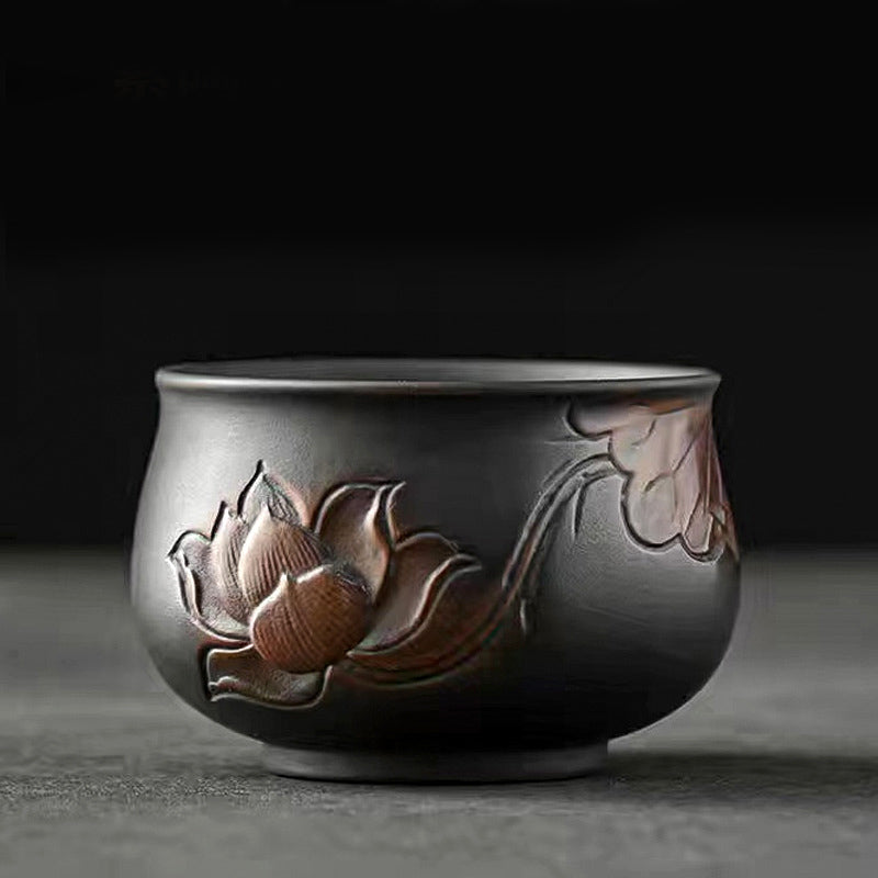 Ceramic Tea Cup – Lotus relief with chiseled clay texture background, carved ceramic tea bowl
