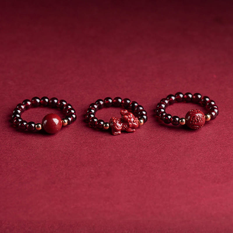 Garnet Cinnabar Ring – three rings cinnabar bead PiXiu mantra bead red surface, feng shui set