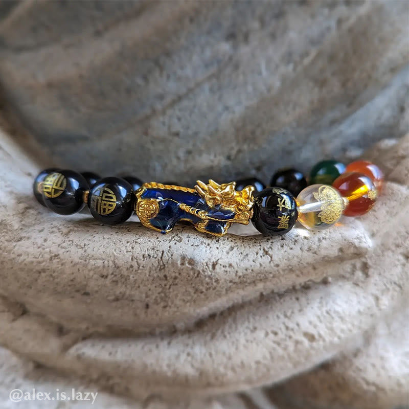 Color-Changing Pixiu Bracelet – On natural stone with deep blue PiXiu, obsidian band