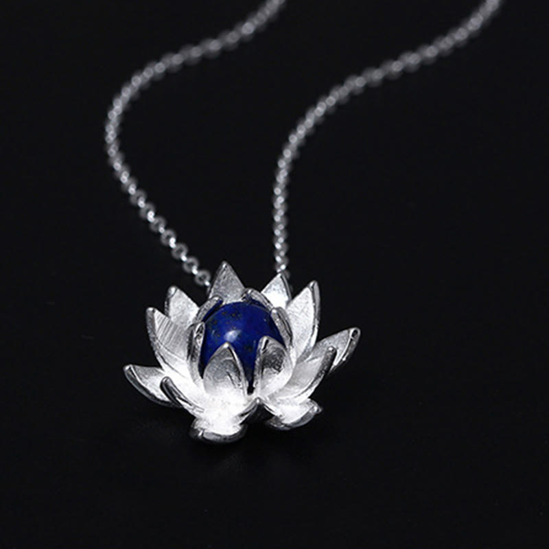 Lapis Lazuli Lotus Necklace - sterling silver 925 stamped lotus pendant with brushed finish, 925 silver necklace