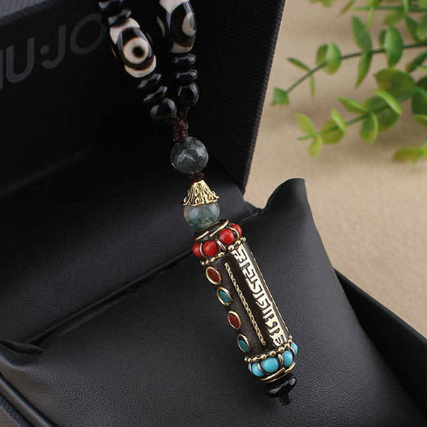 Wenge Wood Dzi Bead Mantra Necklace - Cylindrical pendant on stand with filigree caps and dzi beads