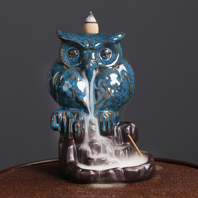 Owl Ceramic Backflow Incense Burner - turquoise owl with waterfall smoke, calming