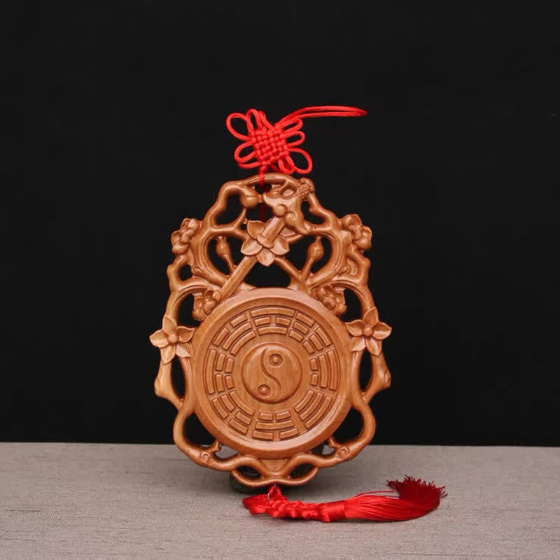 Peach Wood Bagua Map - Front view with red tassel, carved wood feng shui decor Main image