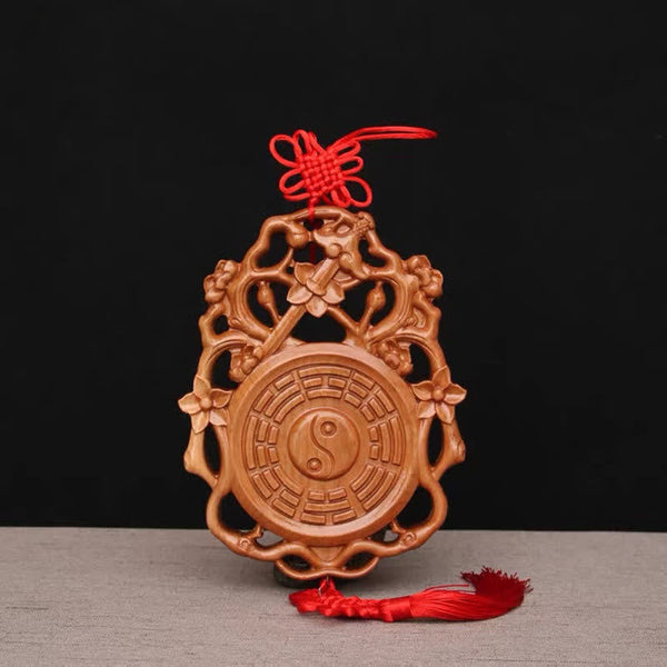 Peach Wood Bagua Map - Front view with red tassel, carved wood feng shui decor
