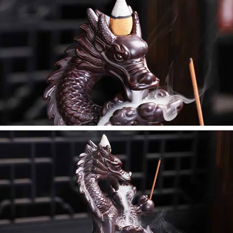 Dragon Lotus Ceramic Incense Burner – Split panel showing dual angles of dragon with smoke and stick incense, Meditative