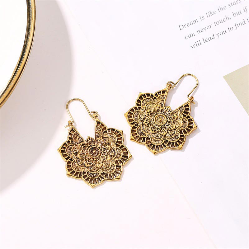 Tibetan Copper Lotus Engraving Drop Earrings – Matching pair of vintage copper mandala earrings with layered floral openwork design on white surface with decorative styling accents