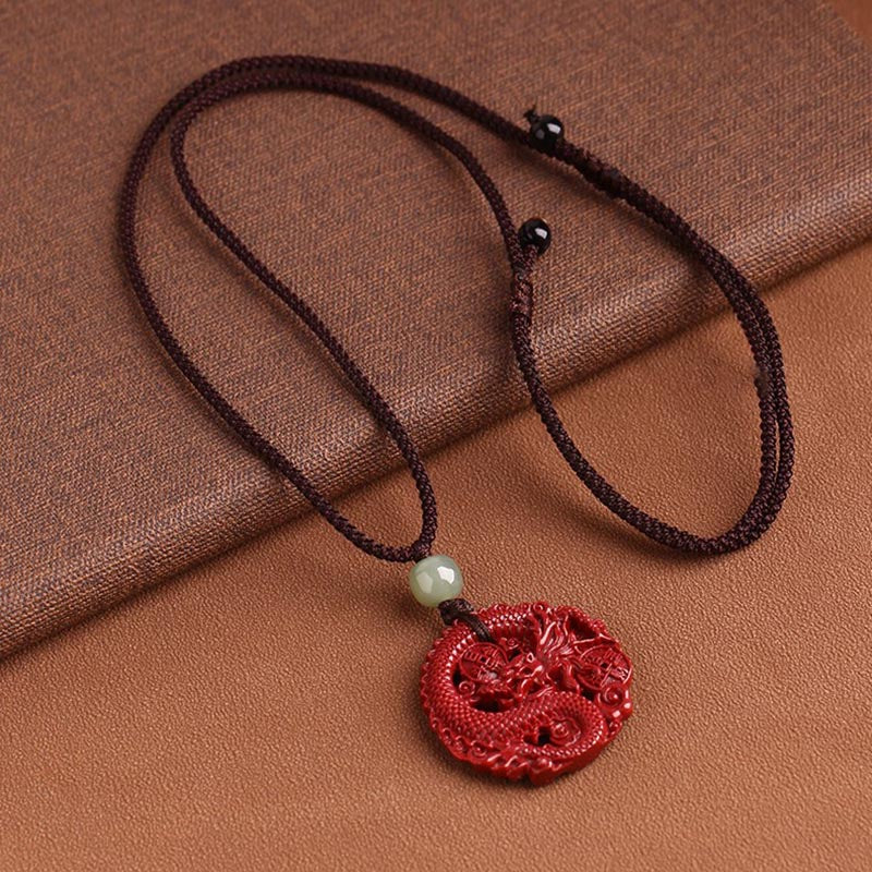 Cinnabar Hetian Jade Dragon Necklace - adjustable knot closure dragon pendant, braided cord detail