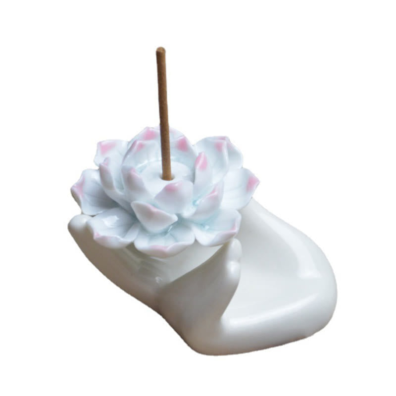 Ceramic Lotus Hand Incense Burner - Buddha mudra hand with lotus on white, peaceful decor