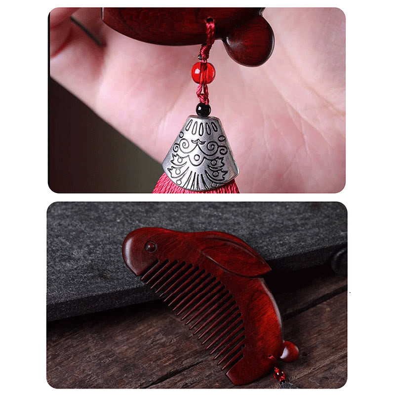 Split image showing silver tassel cap detail and bunny comb side profile