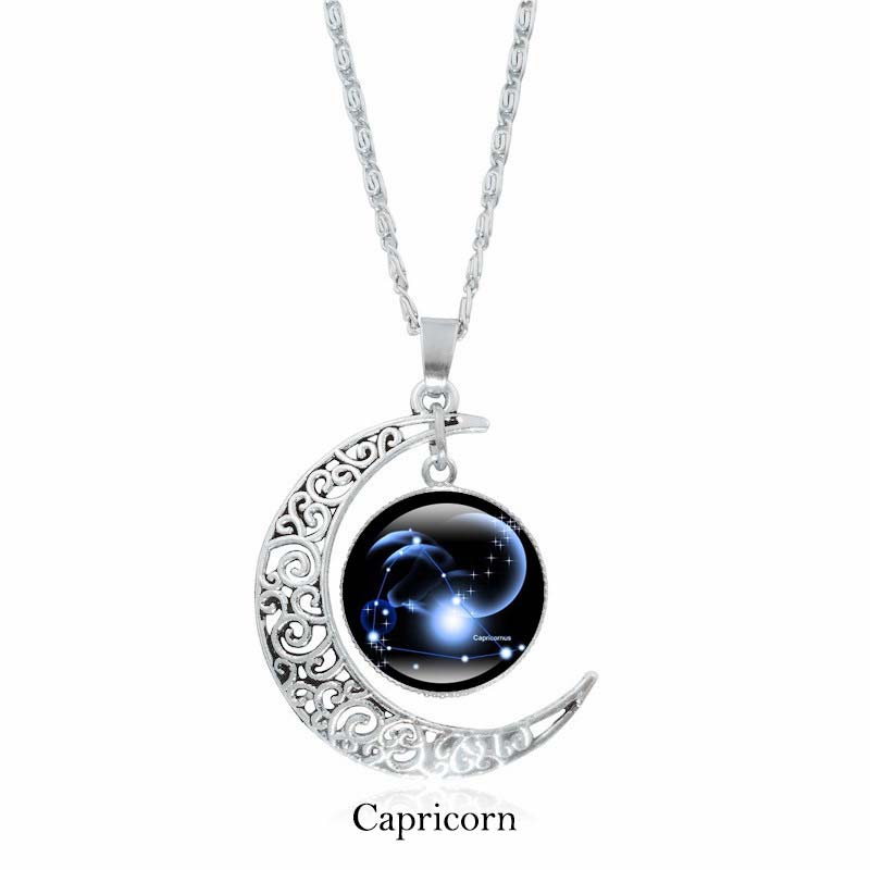 Zodiac Moon Protection Copper Necklace - Silver crescent moon with Capricorn zodiac constellation cabochon in deep blue on dark cosmic background with nebula effects