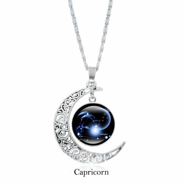 Zodiac Moon Protection Copper Necklace - Silver crescent moon with Capricorn zodiac constellation cabochon in deep blue on dark cosmic background with nebula effects