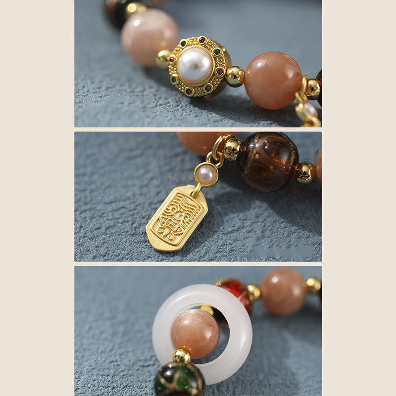 Liuli Glass Prayer Wheel Bracelet – Three-panel detail of pearl setting, engraved charm and jade ring