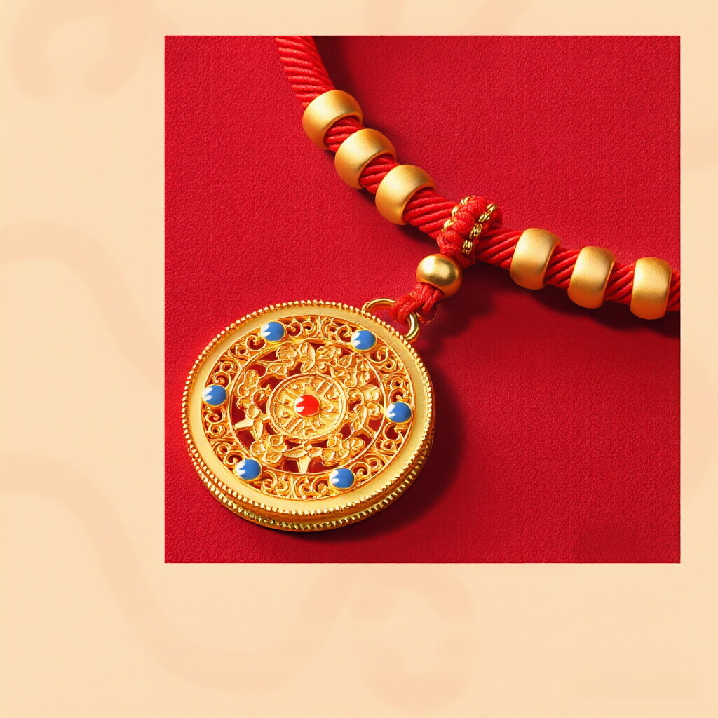 CNY Red Rope Pet Collar - Red cord with gold filigree pendant and turquoise coral stones, CNY lucky pet necklace