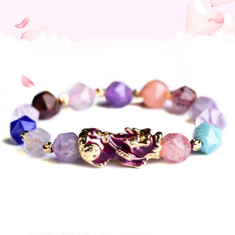FengShui Amethyst PiXiu Luck Bracelet – multicolor faceted beads with PiXiu on white with pink petals, luck gift