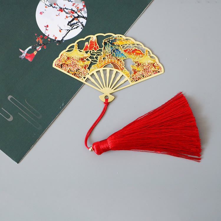 Brass Hollow Fan Bookmark - Temple and mountain cutout with red silk tassel, traditional