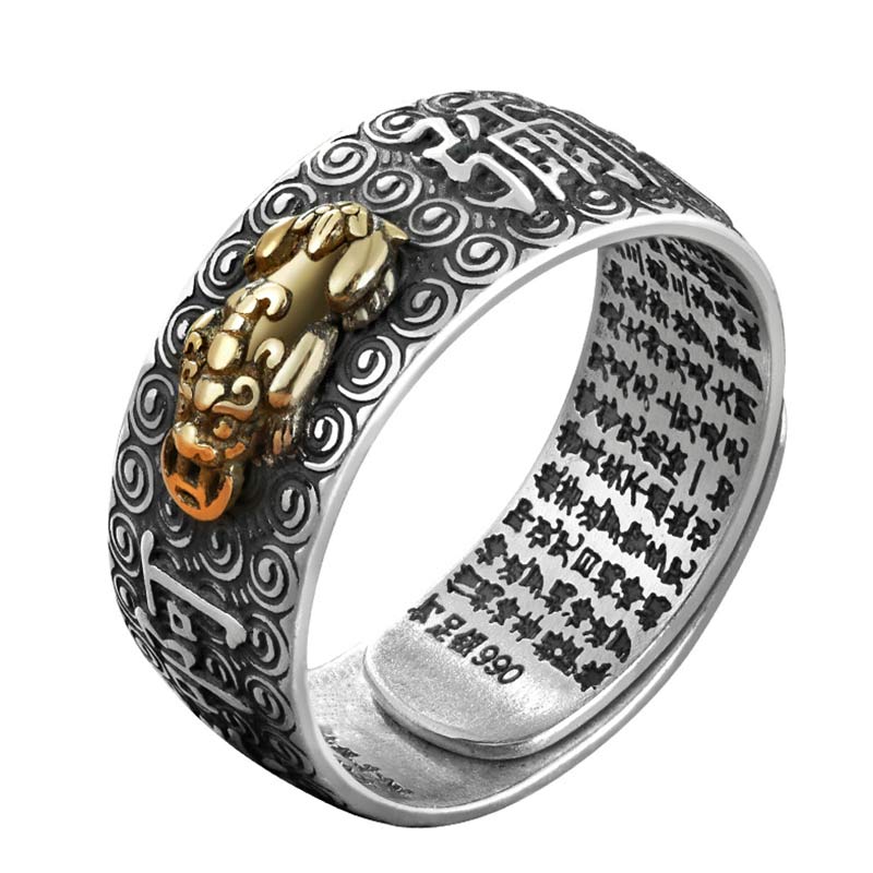 Natal Buddha Ring - White background Pixiu ring with Chinese characters, Prosperous