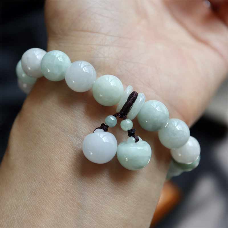 Natural Jade Pi Xiu Buddha Gourd Apple Success Bracelet – worn on wrist showing apple and bead charms, jade bangle