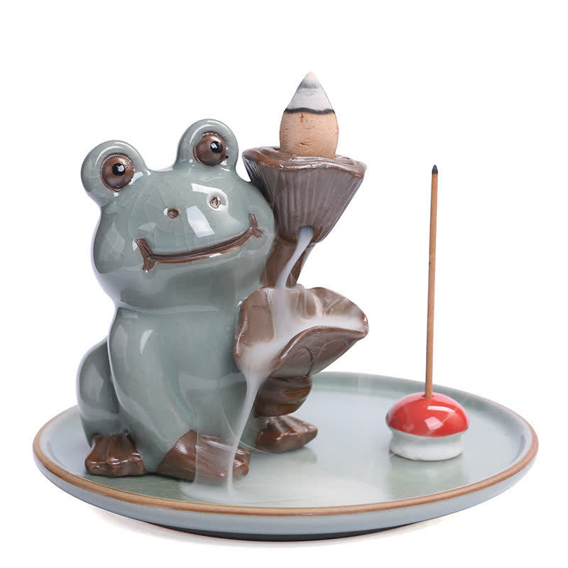 Meditation Frog Ceramic Lotus Incense Burner - Elevated view with smoke waterfall and mushroom holder, Tranquil