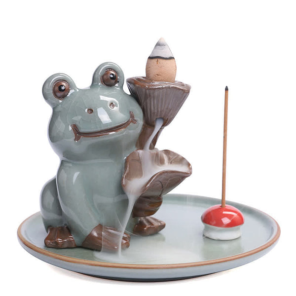 Meditation Frog Ceramic Lotus Incense Burner - Elevated view with smoke waterfall and mushroom holder, Tranquil