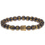 Tibetan Buddha Om Mani Padme Hum Amulet Bracelet - black obsidian beads with gold Tibetan mantra inscriptions, central gold Buddha head amulet charm, gold spacer beads, stretch prayer bracelet on white background