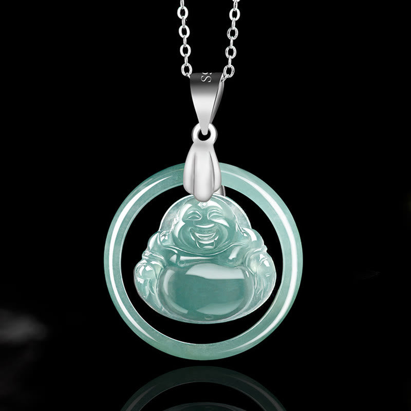 Jade Round Laughing Buddha Abundance Necklace – Circular green jade medallion, titanium steel prosperity chain