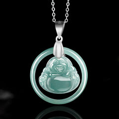 Jade Round Laughing Buddha Abundance Necklace – Circular green jade medallion, titanium steel prosperity chain
