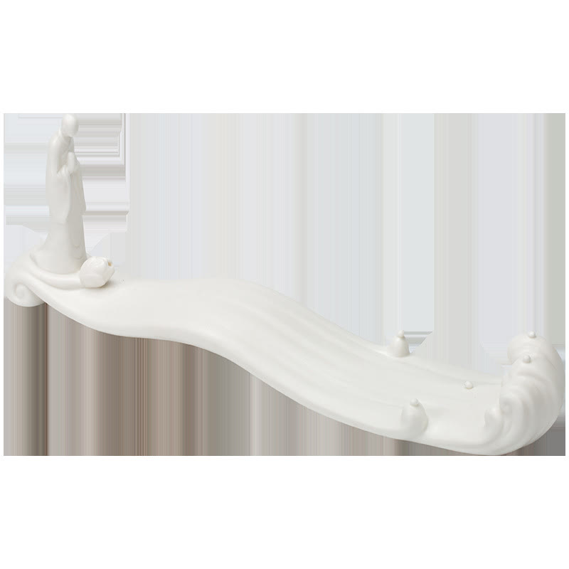 Buddha Monk Sea Wave Mountain Ceramic Incense Burner – Three-panel detail view of white monk figure waves and burning incense tip, ceramic art